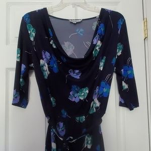 🦋 Leota Drape Front Midi Dress Med Blue Floral